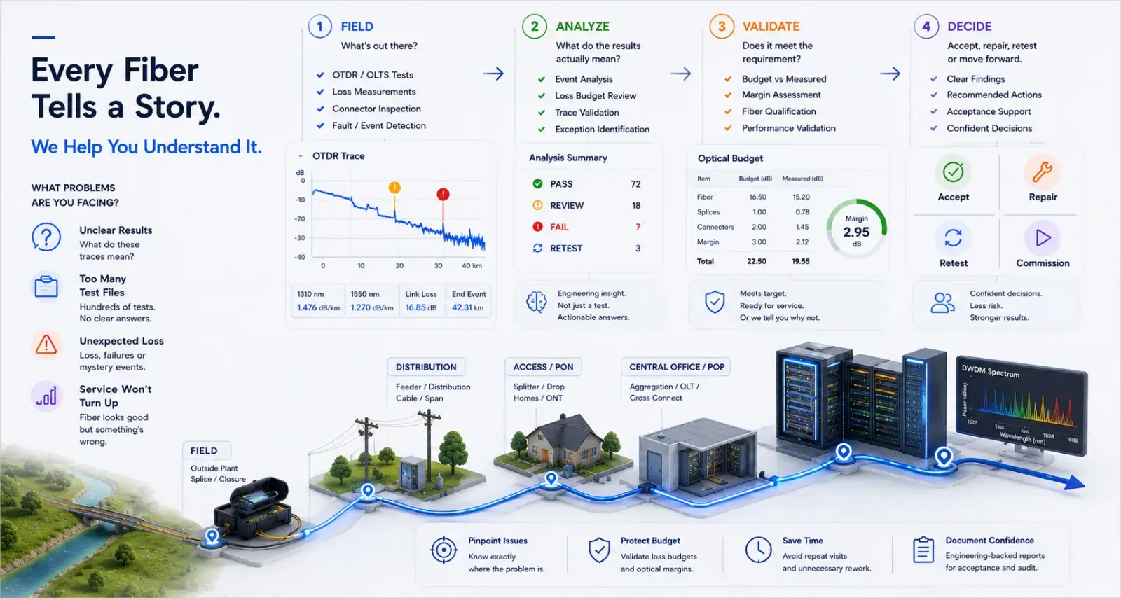 Fiber testing engagement overview: field testing, OTDR trace analysis, optical budget validation, and a decision, traced across the network from outside plant to the DWDM layer.