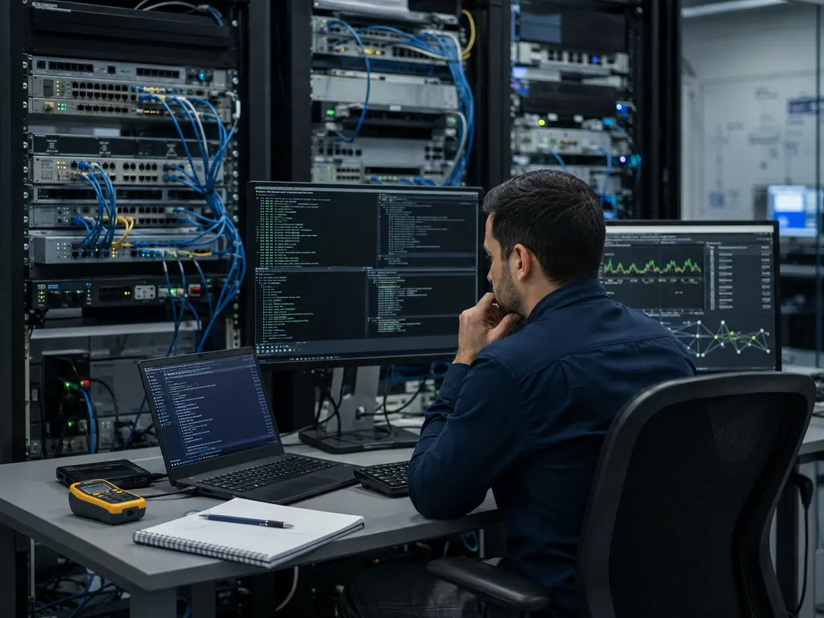 Network automation lab showing racks and engineering workstation