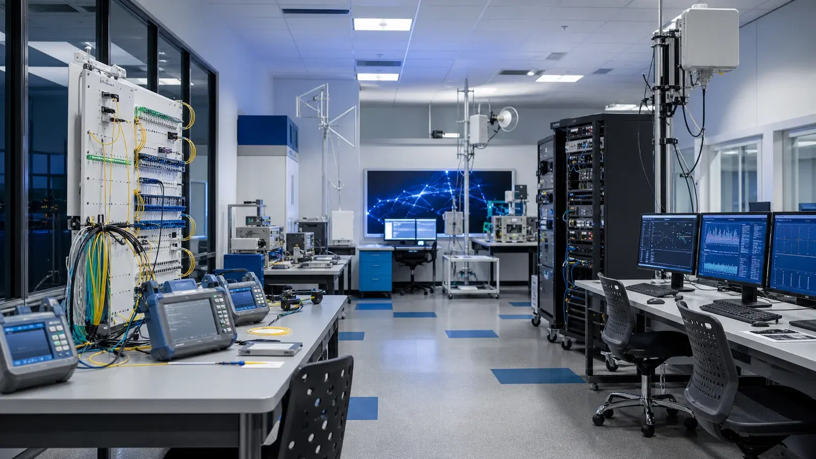 Wide modern telecom and networking engineering laboratory with optical, wireless, private 5G, switching and student workstations.