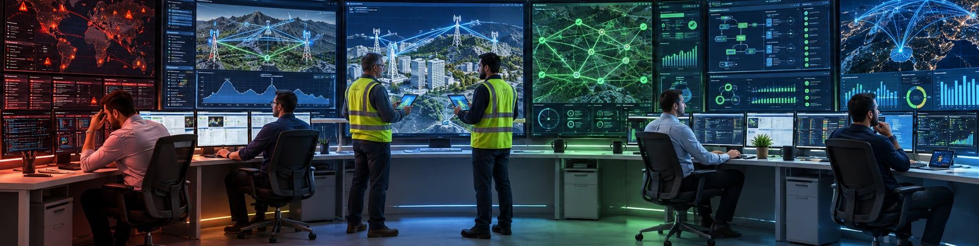 Engineers reviewing network topology and monitoring data, representing NodalWire's six-step process from assessment through optimization