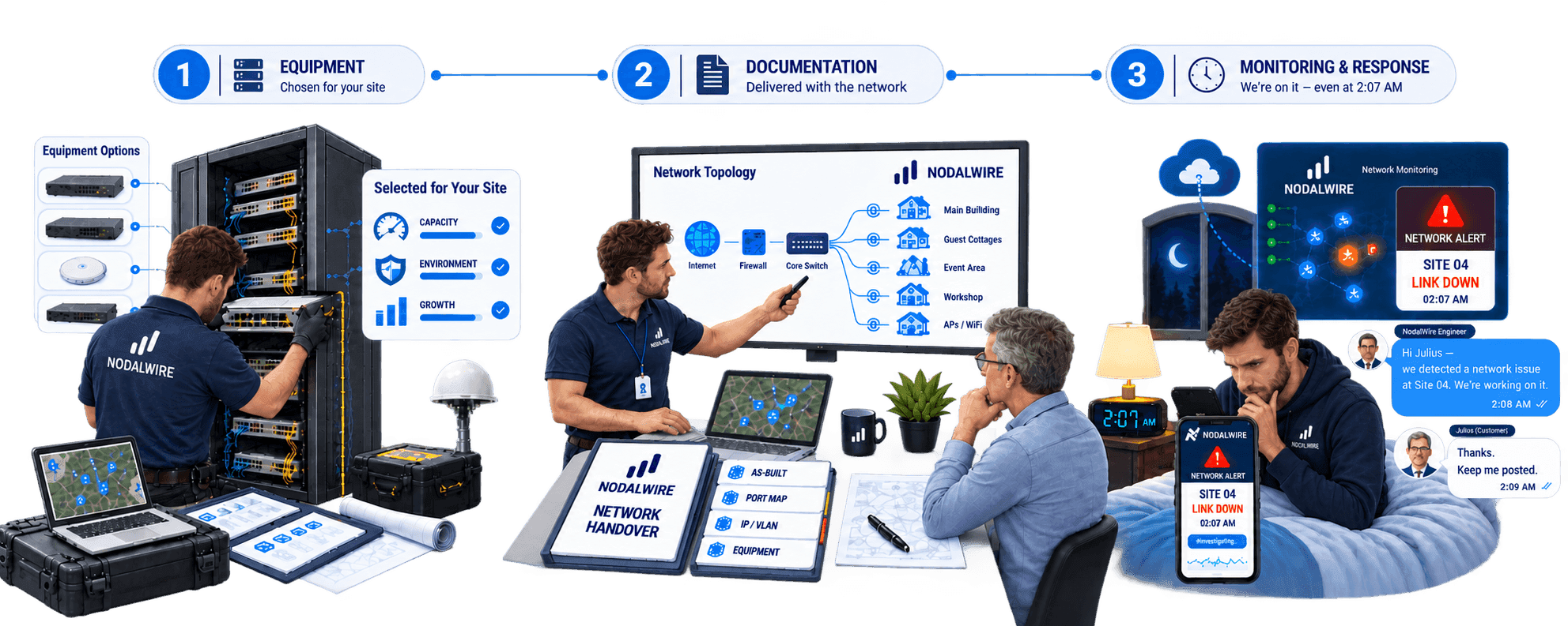 Our approach in three parts: equipment chosen for your site, documentation delivered with the network, and monitoring with a response even at 2 a.m.
