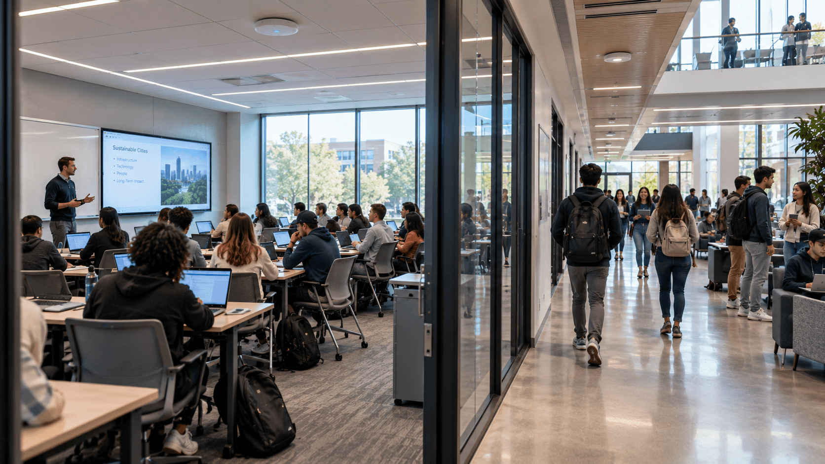 A university classroom in session beside a busy campus corridor full of students between classes.