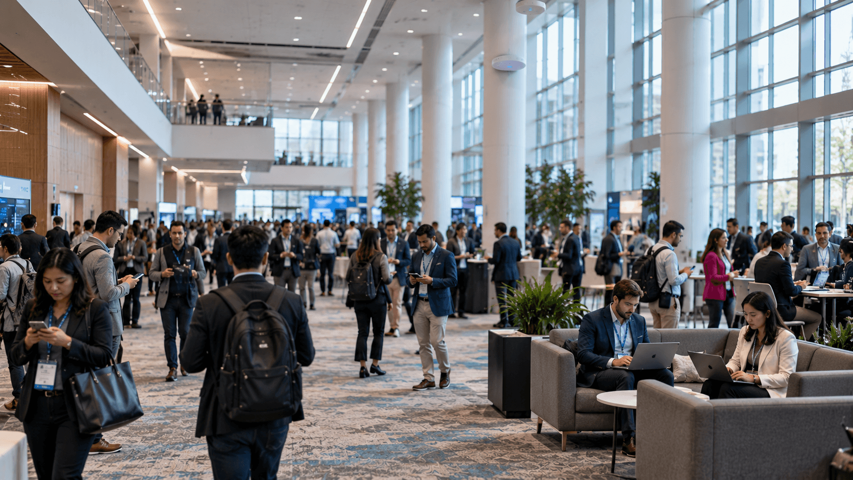 A large, crowded conference expo hall with attendees networking, on phones, and working on laptops.