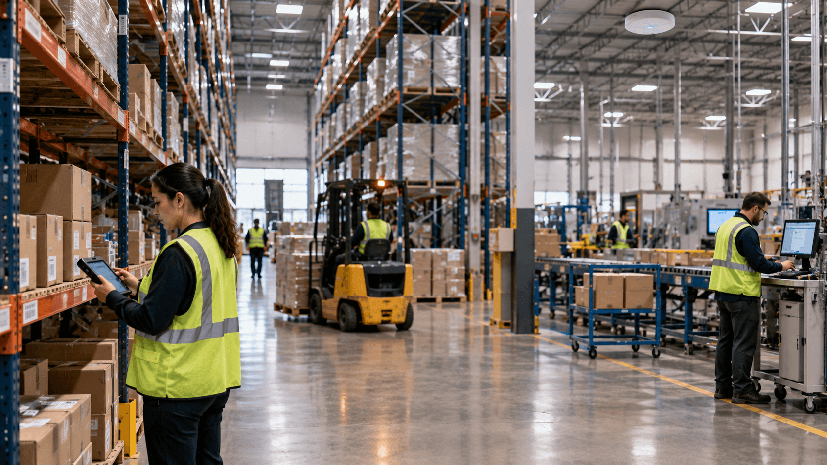 A warehouse worker scanning inventory on a handheld device between tall storage racks, with a forklift and staff working at a conveyor line in the background.