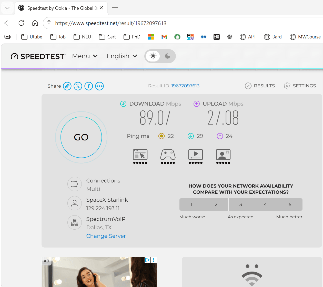 Internet speed test confirming the Starlink connection