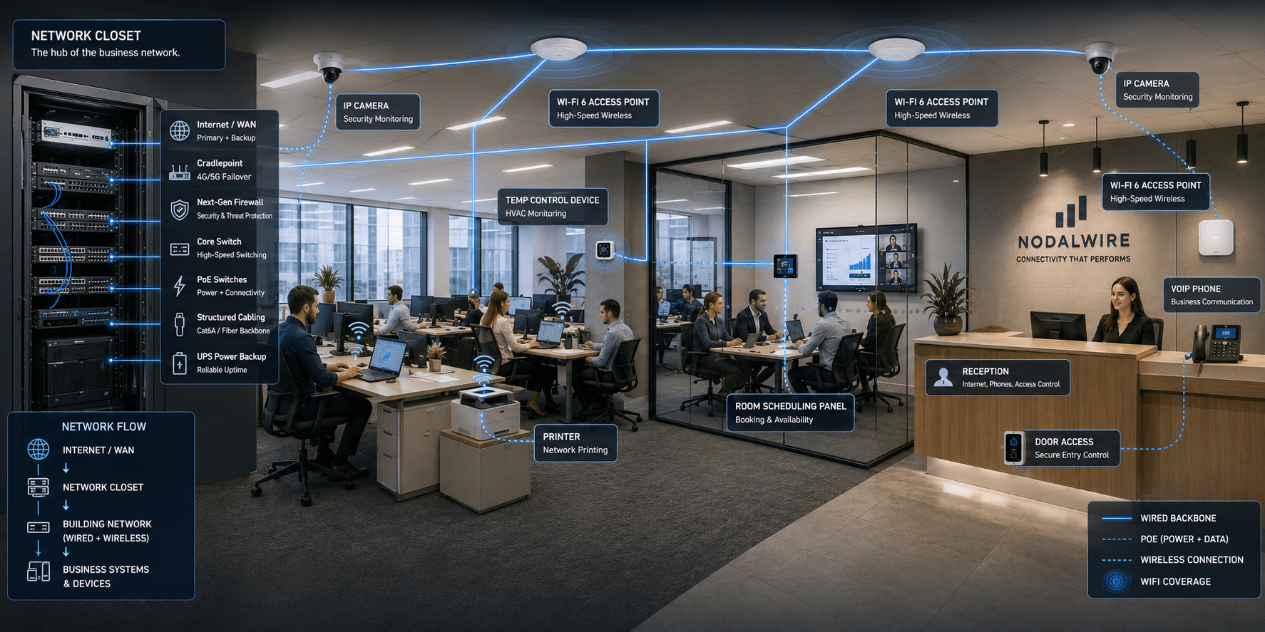A modern business environment where LAN, WAN, switching, Wi-Fi, users and operational systems are designed as one network architecture
