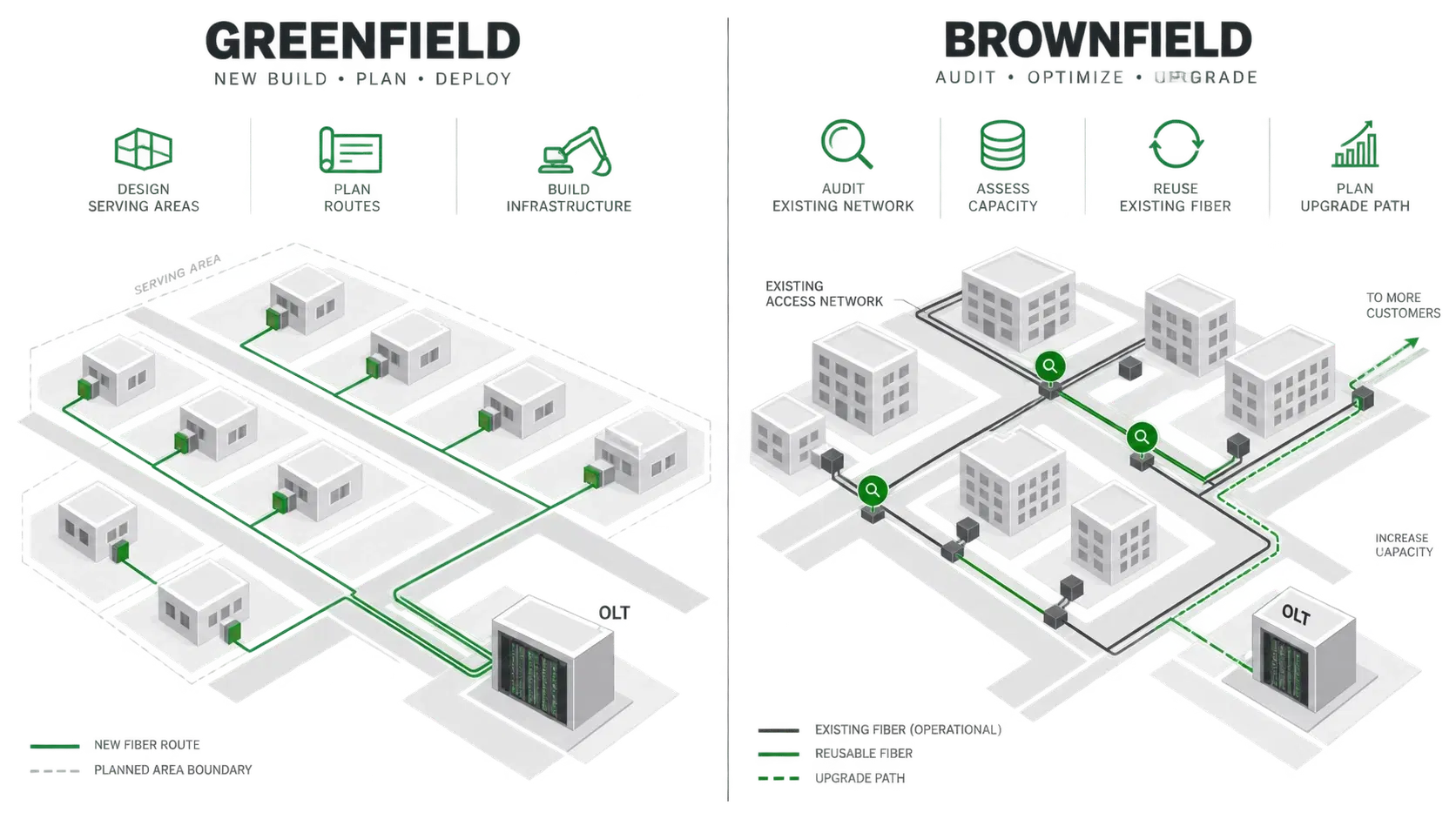 Split Greenfield vs Brownfield FTTH visual: new neighborhood network on the left, existing operational network being assessed and upgraded on the right