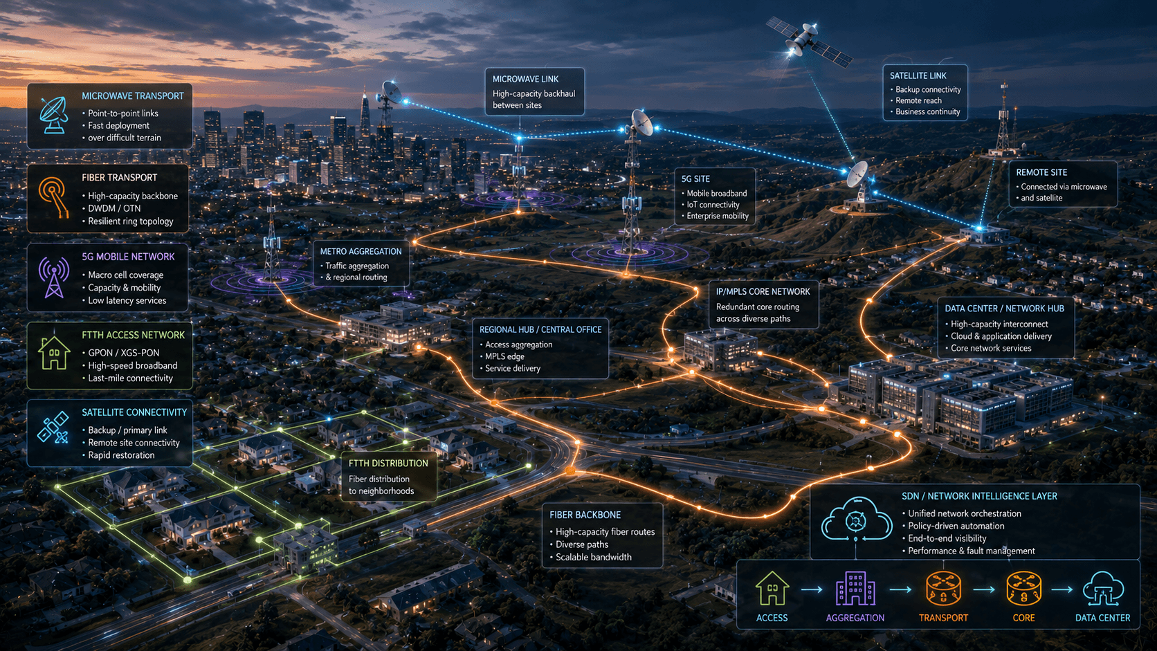 A wide communications infrastructure landscape at dusk: fiber backbone routes, microwave links between hilltop towers, a satellite link, 5G and FTTH access sites, metro aggregation and a data-center network hub.