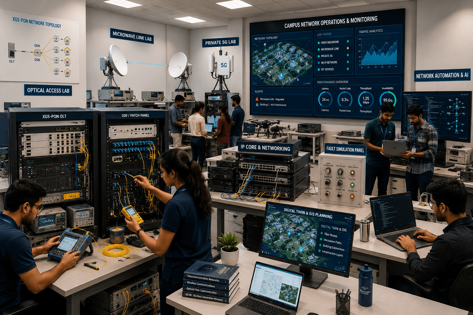 A working telecom teaching lab: optical access and XGS-PON racks, a microwave link bench, a private 5G stand, an IP core rack, a fault-simulation panel and students running fiber tests.
