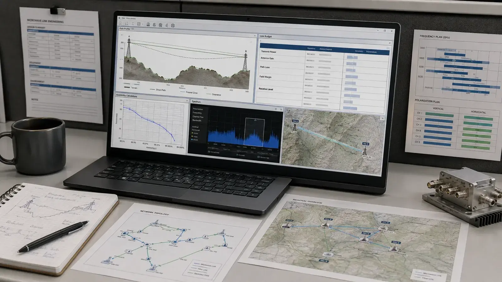 An RF engineer's desk: a laptop showing a path profile, link budget, availability curve and spectrum trace, with printed frequency and polarization plans, a network topology diagram and a regional site map alongside.