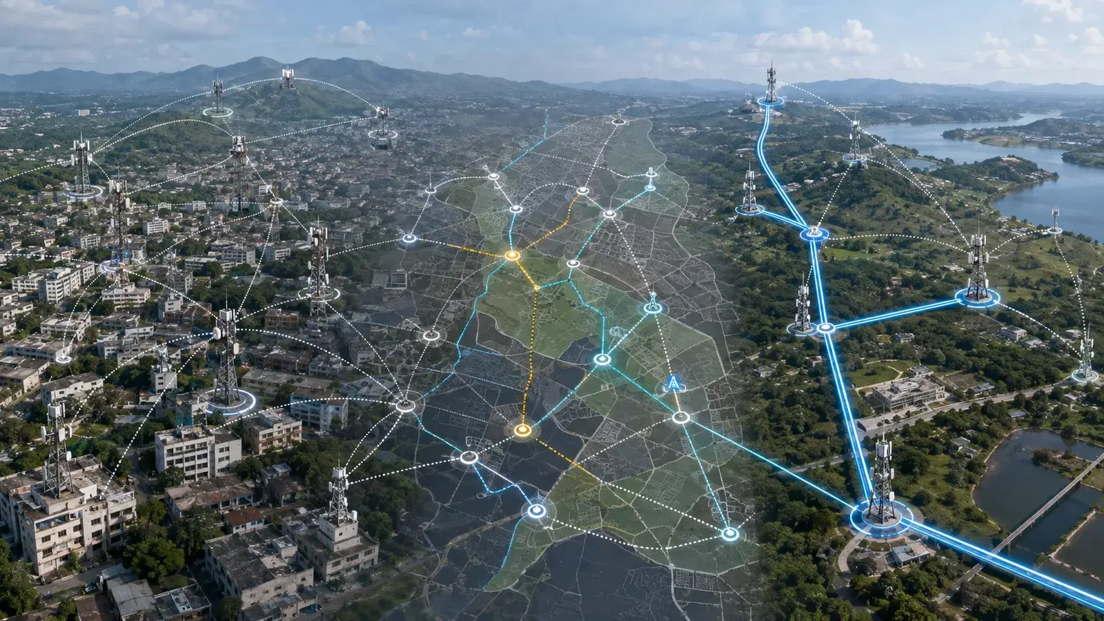 An aerial view transitioning left to right from a dense, tangled microwave mesh over a city, through a GIS assessment overlay, to a clean fiber backbone with a small number of strategically retained microwave links.
