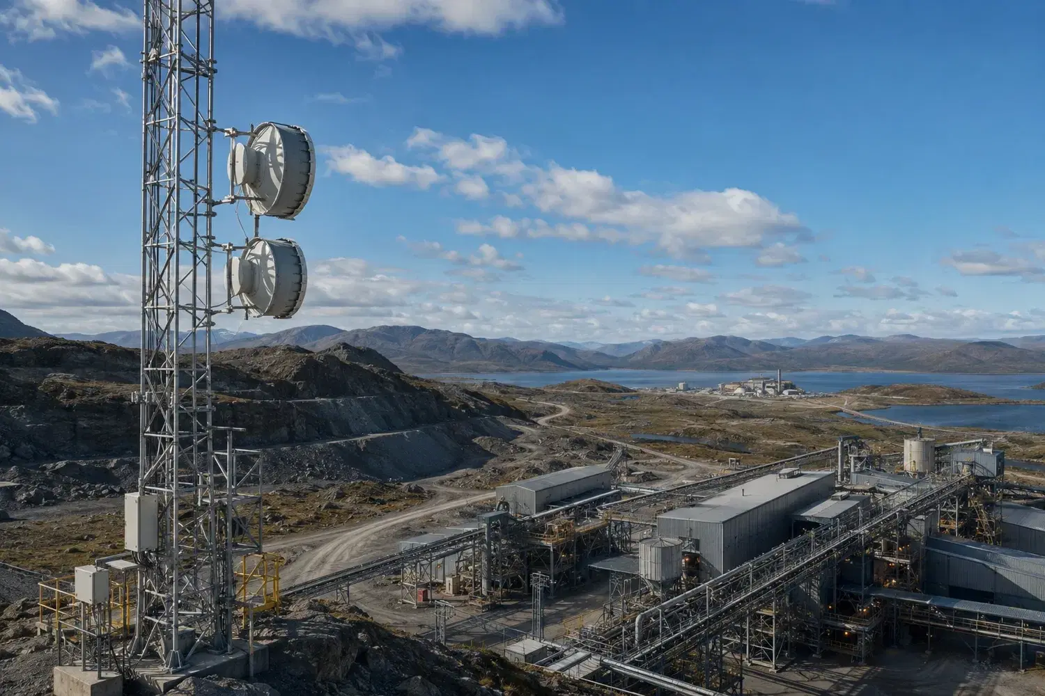 A microwave link serving a remote industrial site, providing resilient private-network connectivity where fiber is not available.