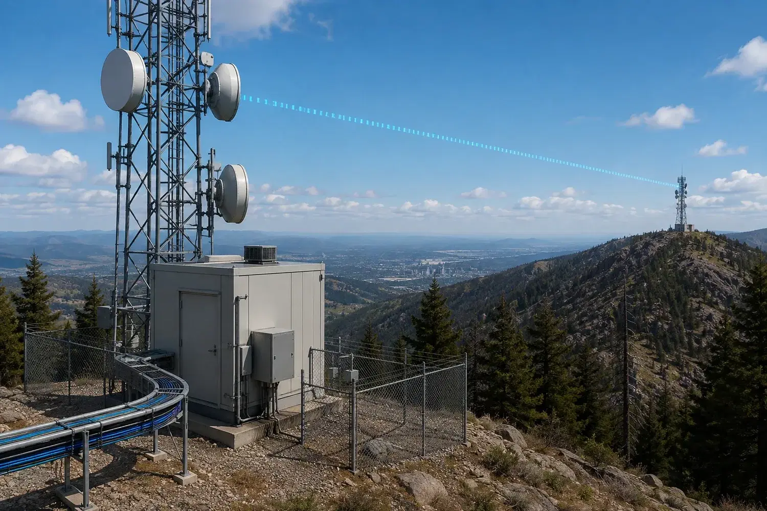 A hilltop telecom site with stacked microwave dishes and a sectored antenna on a lattice tower, an equipment shelter and cable tray, linked to a distant ridge-top tower above a city in the valley.