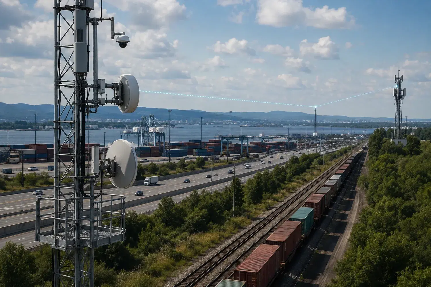 A microwave link along a transportation corridor, carrying operational and surveillance connectivity across distributed infrastructure.