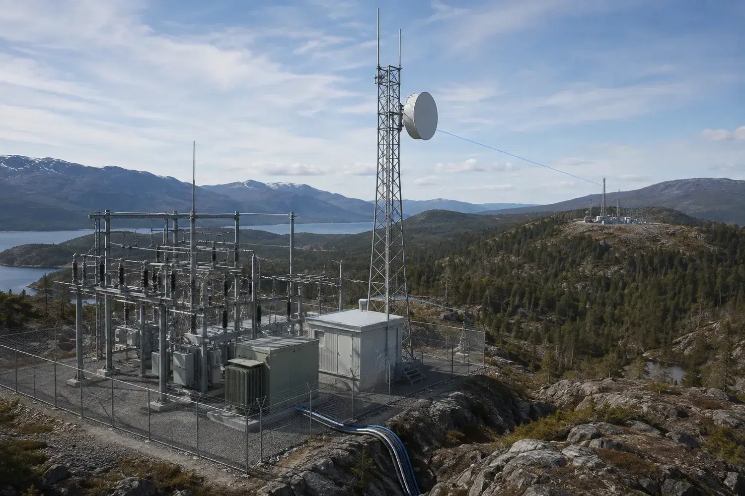 A microwave dish and antenna mounted at an electrical substation, providing operational communications for the grid.