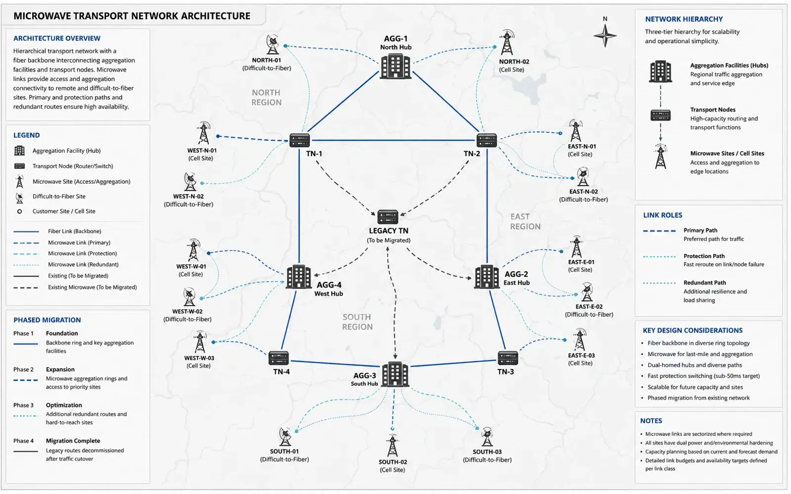 A microwave transport network architecture diagram: a three-tier hierarchy of aggregation hubs, transport nodes and microwave sites, with primary, protection and redundant link roles and a phased migration plan.
