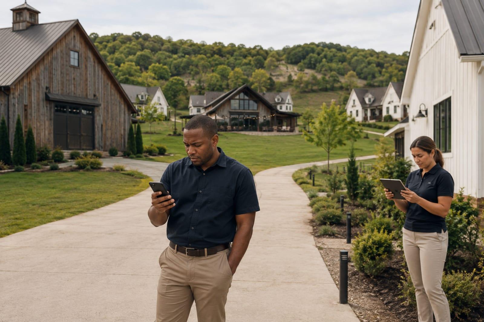 A person holding up a phone showing no cellular bars while standing on open rural property with scattered outbuildings in the distance.