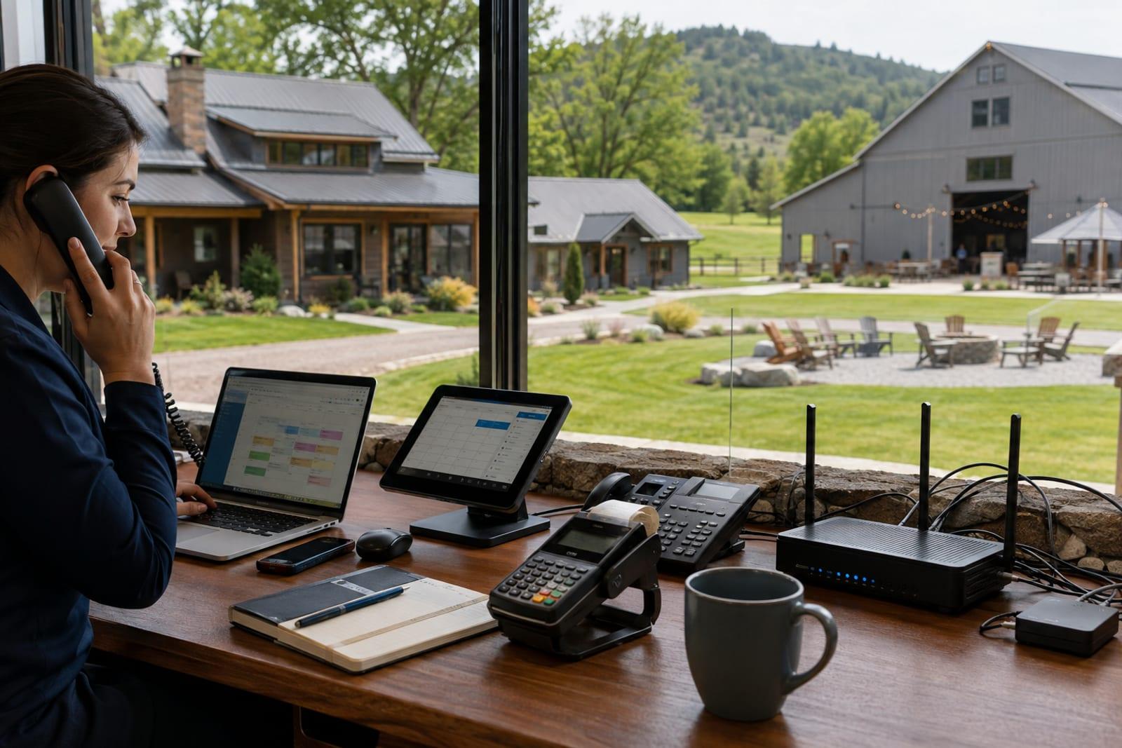 A property manager on a phone call at a desk crowded with a laptop, a booking tablet, a card terminal, a VoIP phone and a single consumer router, overlooking the event grounds and barn.