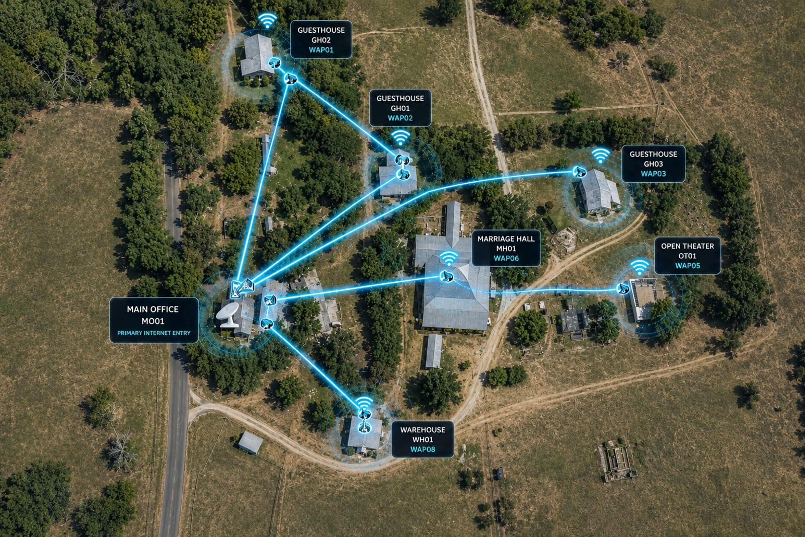 Aerial view of the Hummingbird Hollow estate with the deployed network overlaid: a hub at the Main Office and point-to-point links reaching the marriage hall, three guesthouses, the warehouse and the open-air theater.