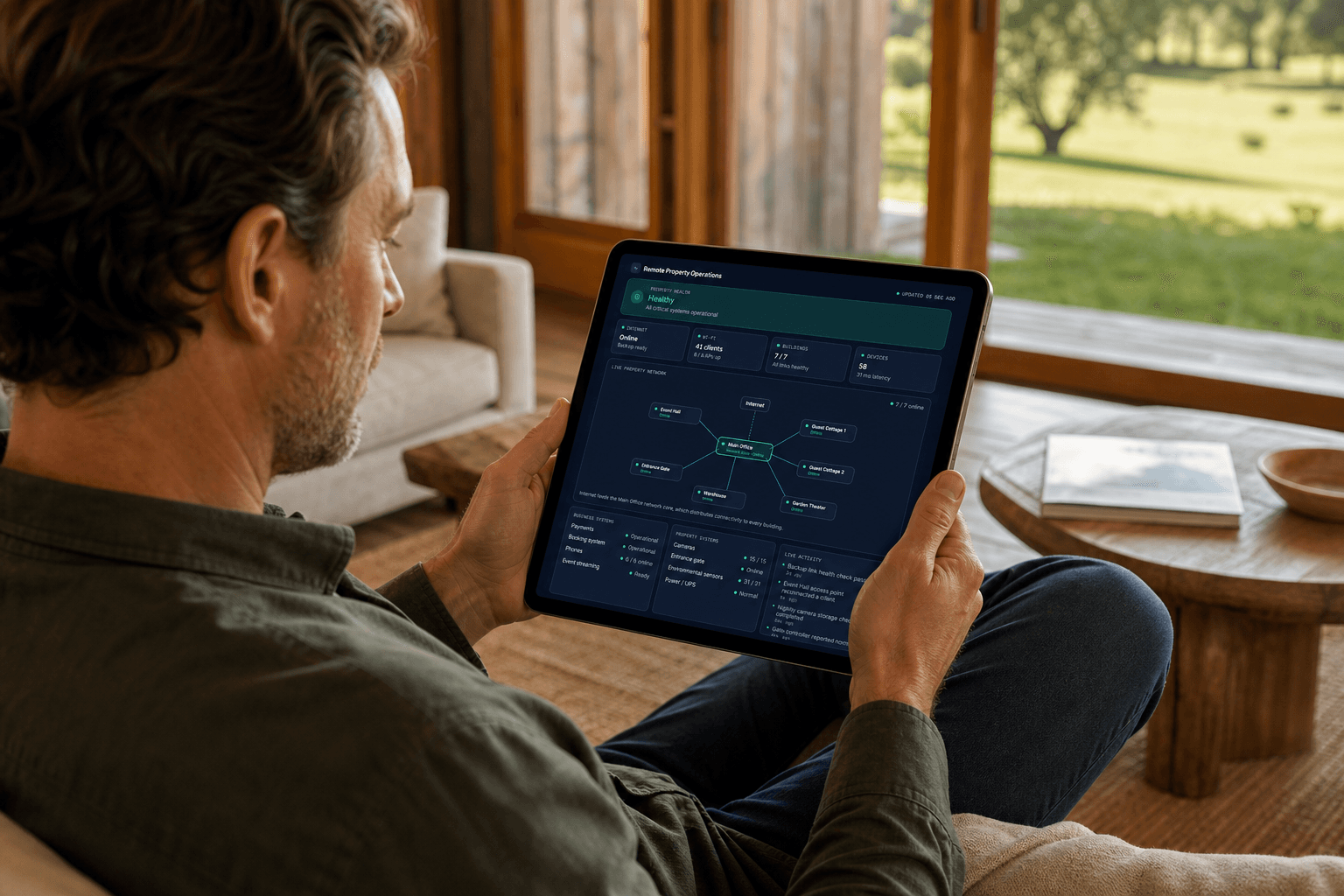 A property owner sitting on his couch, checking the property network dashboard on a tablet.