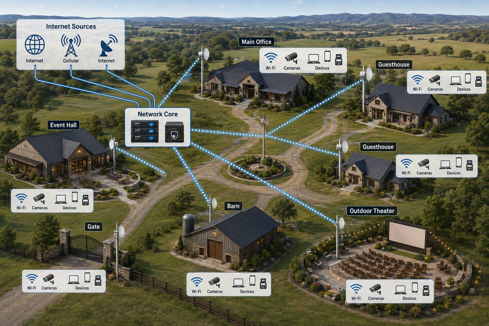 A whole-property connectivity diagram: internet and cellular sources feeding one network core, which links every building on the estate and carries Wi-Fi, cameras and devices at each one.