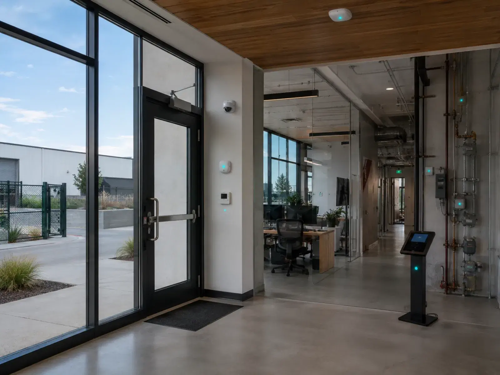 A facility entrance with mounted security cameras, an access-control reader and a wall sensor by the door, an open office visible through glass, and exposed building services along the corridor. Systems installed piecemeal, not designed to work together.