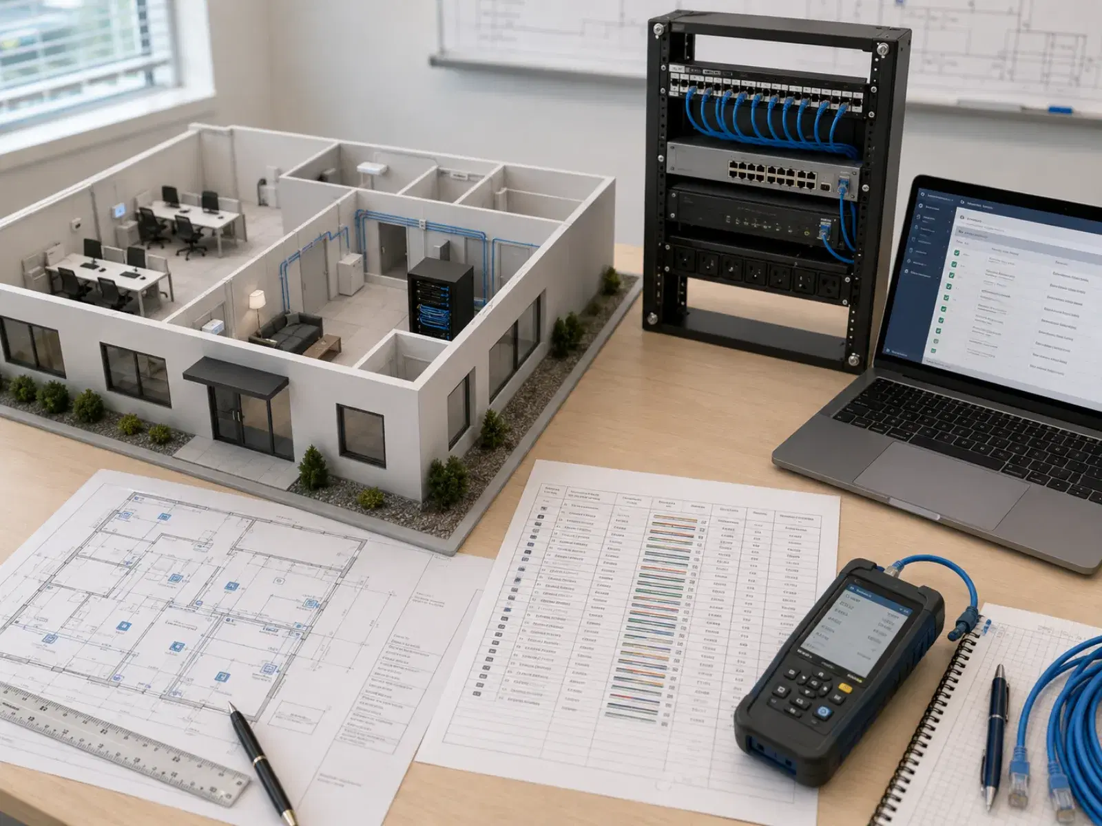 A scale model of the crematorium facility's single-floor layout beside a network rack with a patch panel and switch, a laptop showing the commissioning checklist, marked-up floor plans, a cable test report and a fiber tester on the desk.