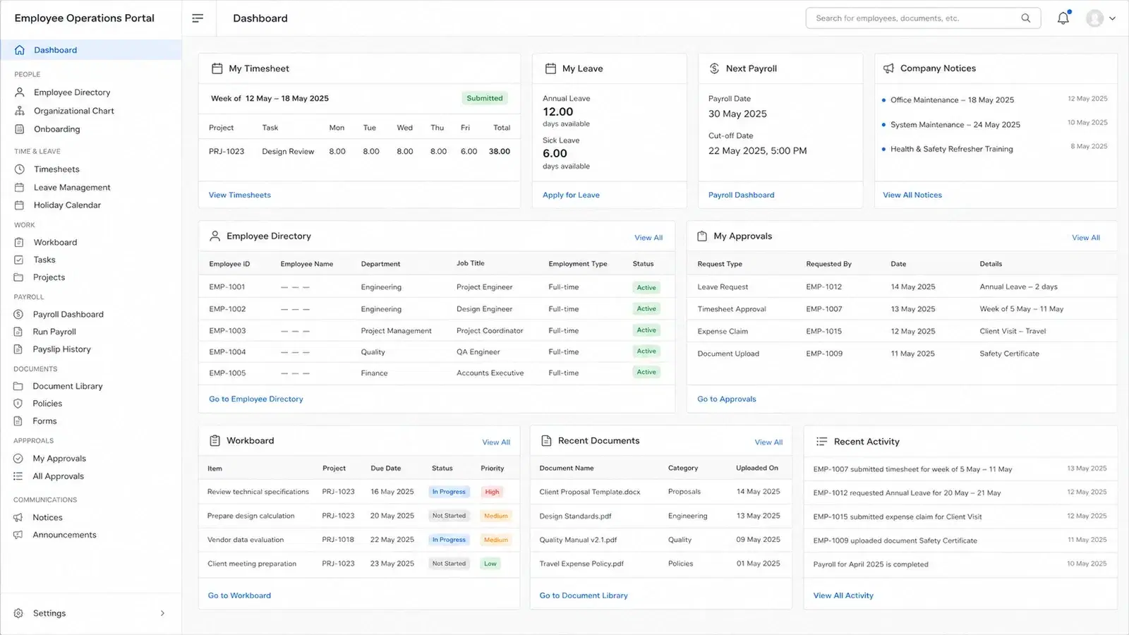 Employee operations portal interface showing records, timesheets and work management modules