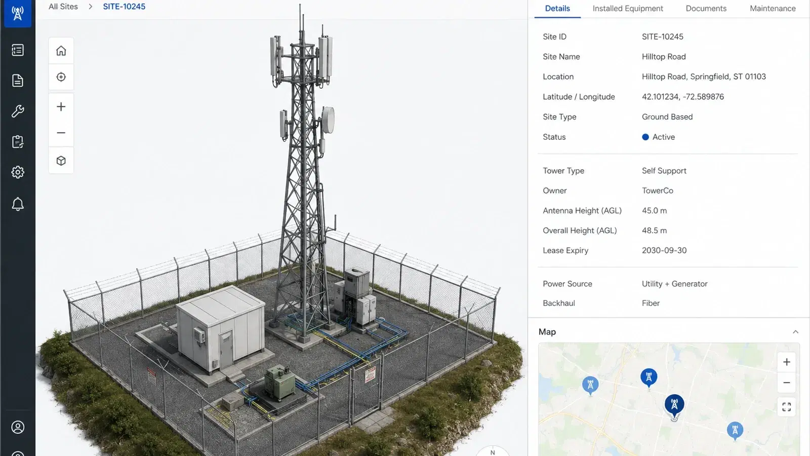 Telecom tower digital twin and inventory view mapping tower sites geographically