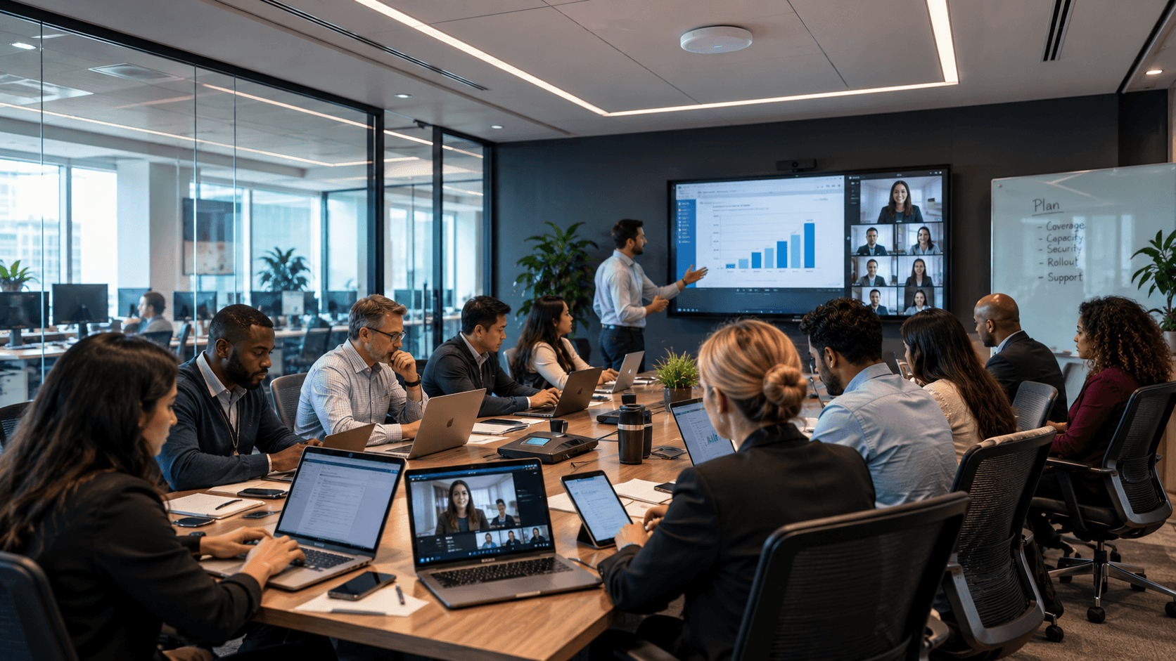 A packed conference room with employees on laptops and a large group video call on the screen, showing the kind of device density a WLAN has to support once everyone connects.