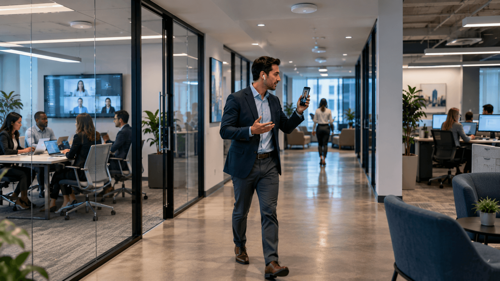 An employee walking through an office corridor on a video call, moving between coverage areas while staying connected.