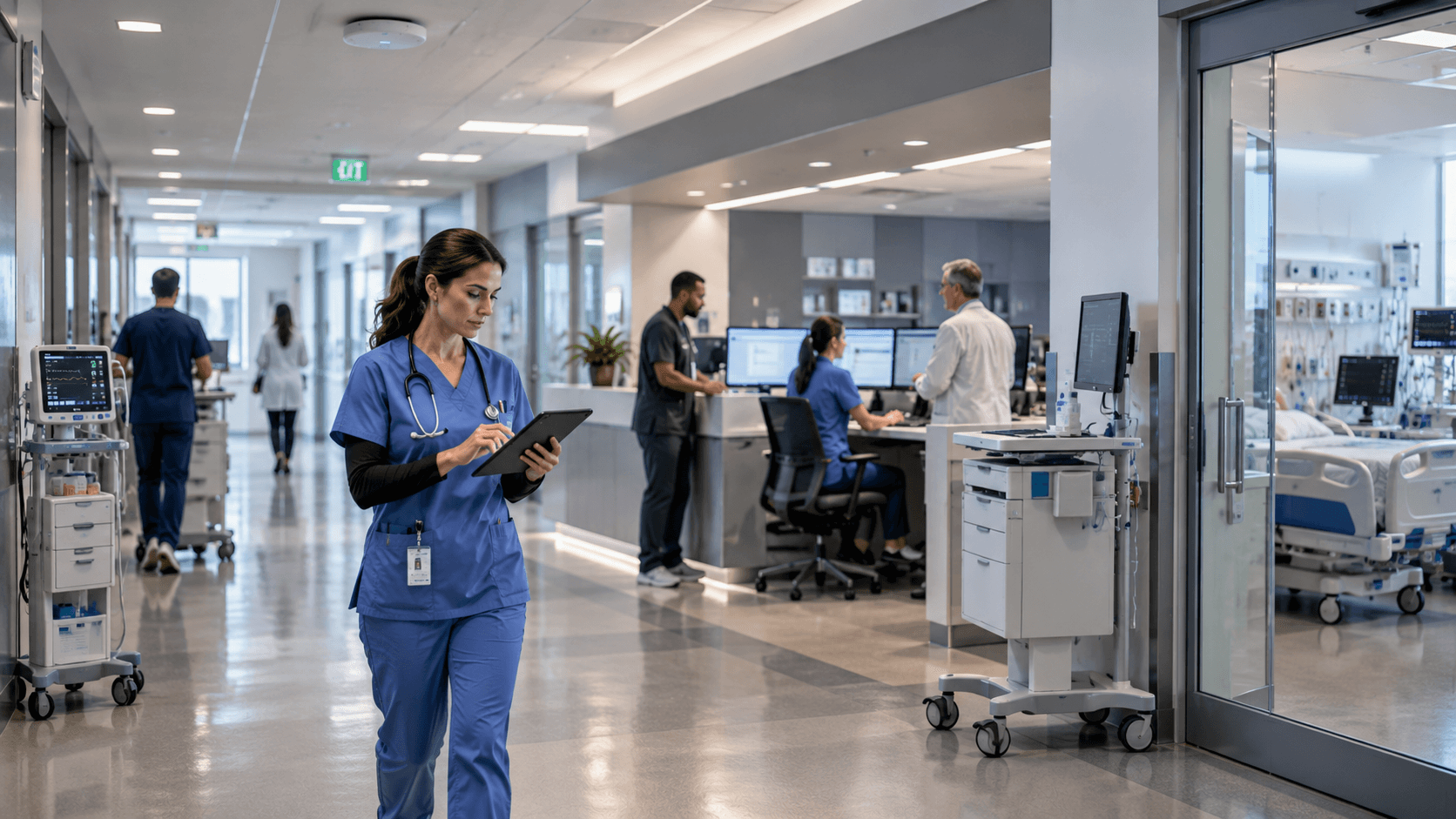 A clinician reviewing a tablet in a hospital ward surrounded by connected medical monitoring equipment.