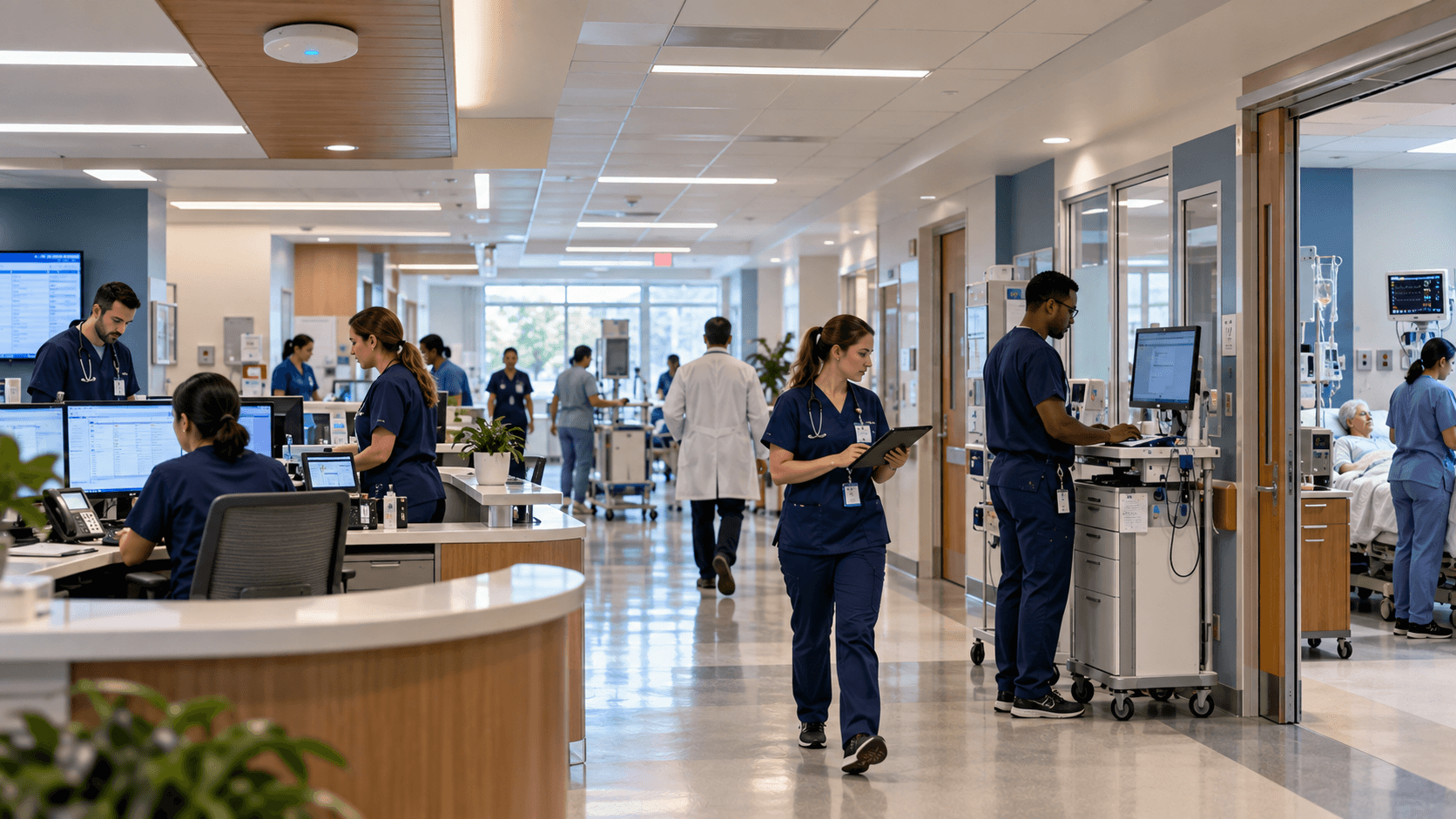 Clinical staff at a hospital nursing station and ward, working across connected monitoring equipment and mobile devices.